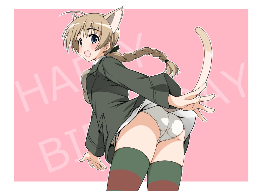 1girl ahoge animal_ears ass black_jacket blue_eyes blush braid braided_ponytail breasts brown_hair brown_vest cat_ears cat_tail commentary cowboy_shot eyebrows_visible_through_hair from_behind green_legwear hatakenaka_(kamagabuchi) highres jacket kemonomimi_mode long_hair long_sleeves looking_at_viewer looking_back lynette_bishop medium_breasts open_mouth panties pink_background shirt simple_background smile solo strike_witches striped striped_legwear tail thigh-highs thighs twisted_torso underwear vest white_panties white_shirt world_witches_series