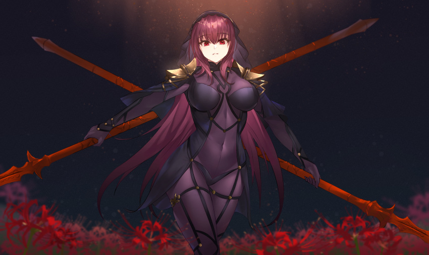 1girl armor bodysuit covered_navel dual_wielding fate/grand_order fate_(series) flower gae_bolg hair_intakes highres holding long_hair outdoors parted_lips pauldrons polearm purple_hair rausu_(undeadmachine) red_eyes scathach_(fate)_(all) scathach_(fate/grand_order) shoulder_armor solo spear spider_lily veil weapon