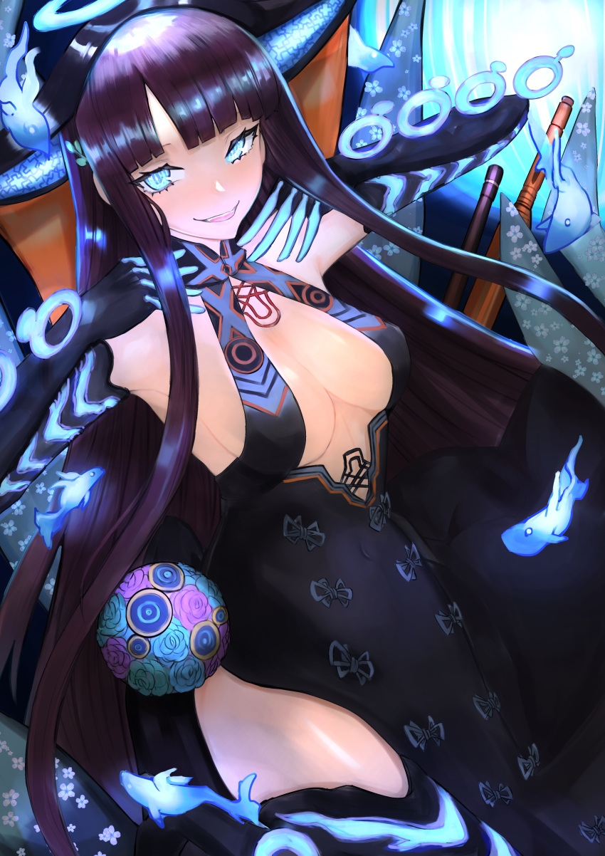 1girl absurdres bangs bare_shoulders black_dress black_gloves black_headwear black_legwear blue_eyes blunt_bangs blush breasts center_opening dress elbow_gloves fate/grand_order fate_(series) fish gloves gyamu_(chewing-gum) hair_ornament halo highres huge_filesize large_breasts leaf_hair_ornament long_hair looking_at_viewer open_mouth purple_hair sidelocks smile thigh-highs thighs very_long_hair yang_guifei_(fate/grand_order)
