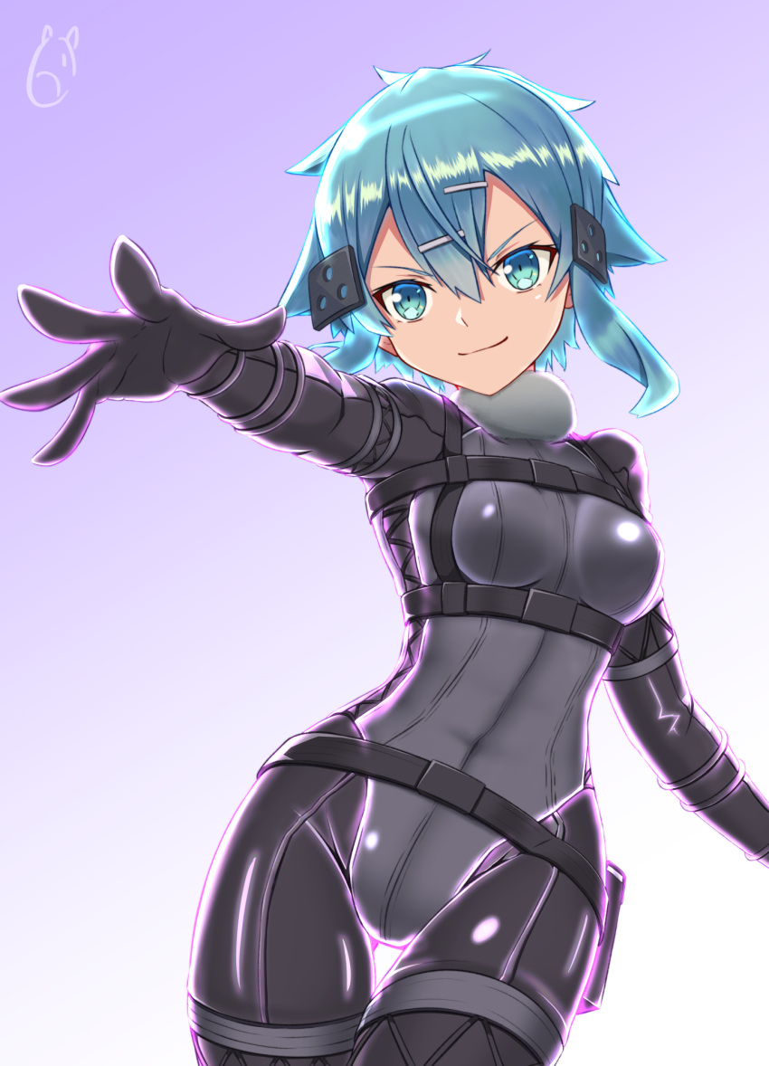 1girl bangs belt black_bodysuit blue_eyes blue_hair bodysuit breasts closed_mouth cowboy_shot gradient gradient_background hair_between_eyes hair_ornament hairclip highres on_kazu outstretched_arm outstretched_hand pitohui_(sao) shiny shiny_hair short_hair_with_long_locks sidelocks sinon small_breasts smile solo sword_art_online sword_art_online_alternative:_gun_gale_online thigh_gap