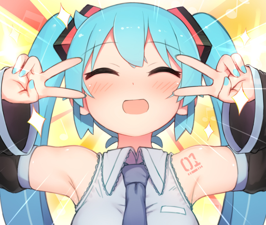 1girl :d ^_^ abmayo aqua_hair armpits bangs bare_shoulders black_sleeves blue_neckwear blush closed_eyes collared_shirt commentary_request detached_sleeves double_v emotional_engine_-_full_drive facing_viewer fate/grand_order fate_(series) grey_shirt hair_ornament hands_up happy hatsune_miku highres long_hair looking_at_viewer necktie open_mouth shirt shoulder_tattoo sleeveless sleeveless_shirt smile solo sparkle sunburst sunburst_background sweat tattoo twintails upper_body v v-shaped_eyebrows vocaloid