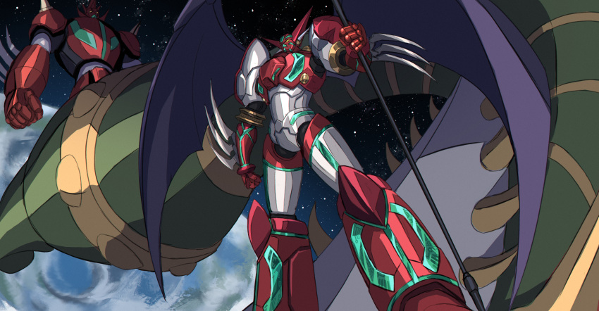 3ok clenched_hands flying getter_robo highres looking_down mecha no_humans science_fiction shin_getter-1 shin_getter_dragon shin_getter_robo space super_robot wings yellow_eyes