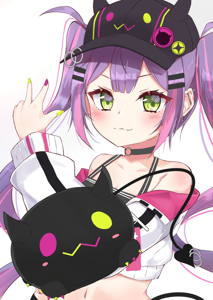 1girl bare_shoulders baseball_cap bibi_(tokoyami_towa) black_choker black_headwear black_tank_top blush breasts choker closed_mouth collarbone creature crop_top cropped_jacket demon_girl demon_tail ear_piercing fang green_eyes hair_ornament hairclip hat higashine_youmu highres hololive jacket long_sleeves midriff multicolored multicolored_nails nail_polish o-ring o-ring_choker off-shoulder_jacket piercing purple_hair sidelocks small_breasts smile tail tail_piercing tank_top tokoyami_towa twintails upper_body v-shaped_eyebrows virtual_youtuber w white_jacket