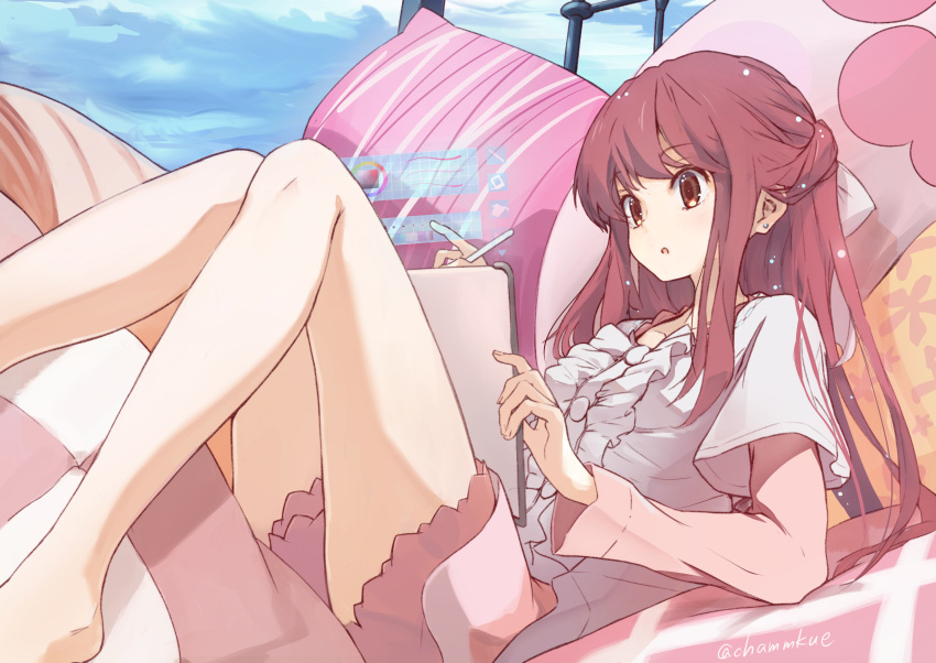 1girl :o absurdres bangs bare_legs barefoot brown_eyes buttons center_frills chamu_(chammkue) earrings eyebrows_visible_through_hair frills highres jewelry knees_together_feet_apart long_hair long_sleeves open_mouth redhead rin_(shelter) shelter_(music_video) solo tablet_pc twitter_username