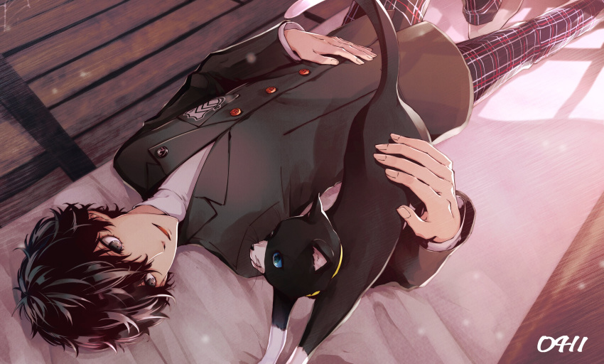 1boy absurdres amamiya_ren animal bangs bed black_eyes black_hair black_jacket black_pants blazer blue_eyes cat commentary_request dated feet_out_of_frame hair_between_eyes highres jacket long_sleeves looking_at_another lying male_focus morgana_(persona_5) on_back on_bed open_mouth pants persona persona_5 plaid plaid_pants school_uniform shirt short_hair shuujin_academy_uniform smile socks white_shirt wooden_floor yuu_(isis7796)