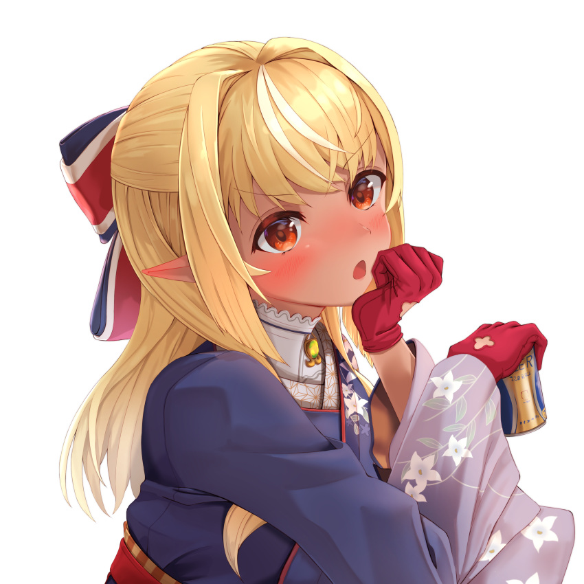 1girl :o absurdres bangs blonde_hair blue_bow blush bow breasts can chin_rest commentary_request dark_skin elf from_side gloves hair_bow hair_intakes hand_up hands_up highres holding holding_can hololive long_hair long_sleeves looking_at_viewer multicolored_hair nyoon open_mouth pointy_ears red_bow red_eyes red_gloves shiranui_flare simple_background solo tan two-tone_hair upper_body virtual_youtuber white_background