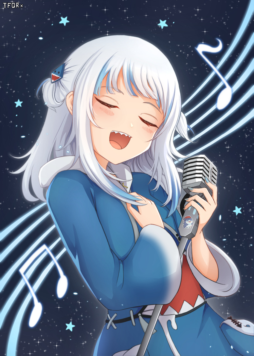 1girl absurdres bloop_(gawr_gura) closed_eyes gawr_gura highres holding holding_microphone hololive hololive_english microphone microphone_stand music musical_note open_mouth sharp_teeth singing solo space sticker teeth tfqr two_side_up virtual_youtuber white_hair