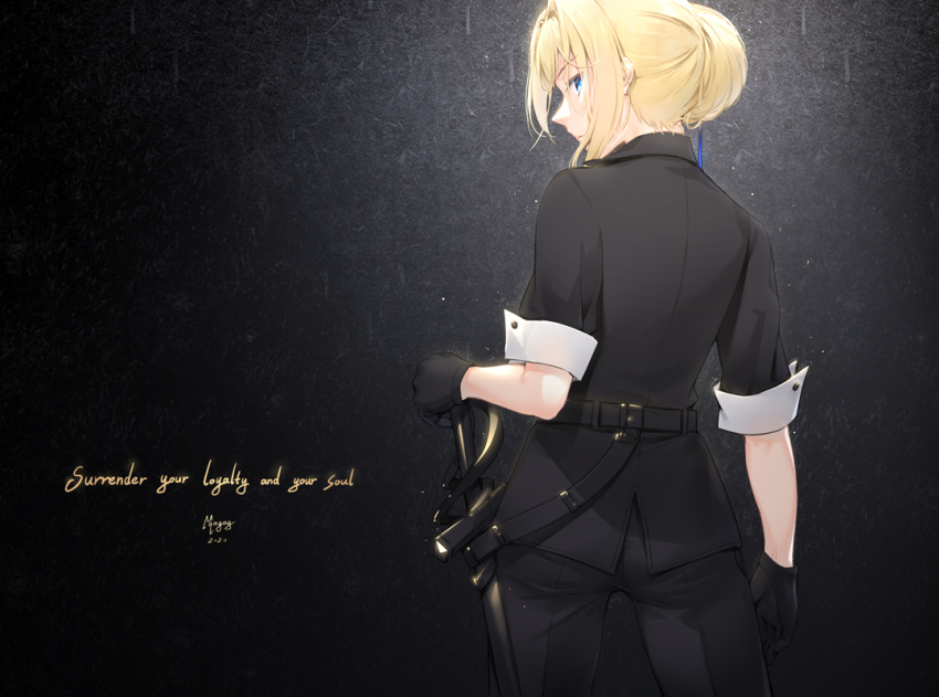 1girl azur_lane bangs black_gloves black_pants black_shirt blonde_hair blue_eyes collared_shirt commentary dated english_text eyebrows_visible_through_hair gloves hand_on_hilt jeanne_d'arc_(azur_lane) looking_at_viewer looking_back maya_g official_art pants ponytail profile shirt short_sleeves sidelocks signature solo sword weapon