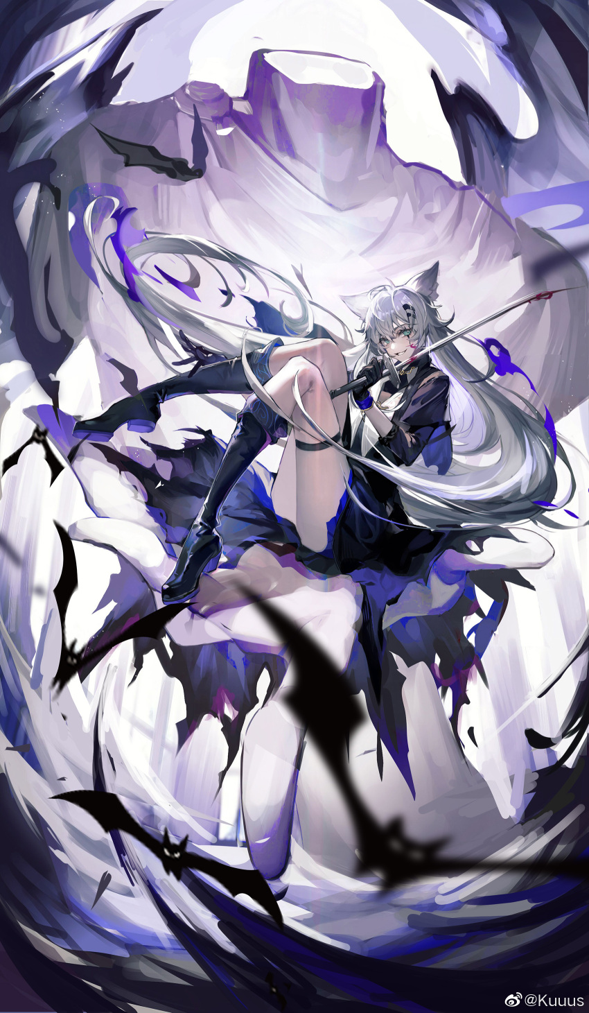 1girl absurdres animal_ears arknights bat black_coat black_dress black_footwear black_gloves blood blurry boots coat depth_of_field dress gloves green_eyes grin hair_ornament hairclip highres holding holding_sword holding_weapon knee_boots knees_up kuuus lappland_(arknights) long_hair looking_at_viewer plantar_flexion rapier scar scar_across_eye silver_hair smile solo statue sword thigh_strap thighs very_long_hair weapon wolf_ears