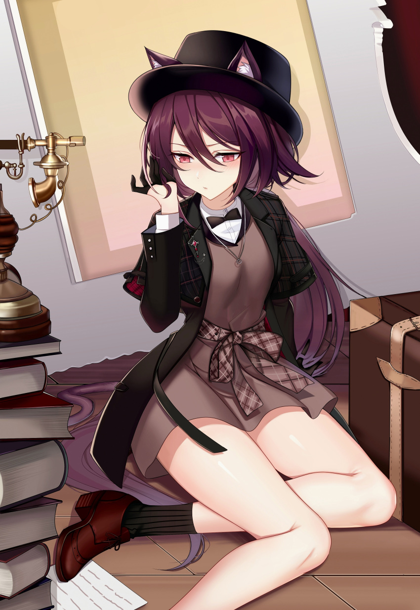 1girl absurdres animal_ears arknights ateoyh black_bow black_coat black_gloves black_headwear black_legwear black_neckwear book_stack bow bowtie brown_blouse brown_footwear cat_ears cat_tail chinese_commentary coat commentary_request gloves half_gloves hand_up hat highres jacket jewelry light_blush long_hair long_sleeves looking_down low_ponytail melantha_(arknights) melantha_(letters_from_wessex)_(arknights) official_alternate_costume on_floor open_clothes open_jacket partial_commentary pendant phone purple_hair red_eyes sash shirt shoes sitting socks solo tail thighs undershirt very_long_hair white_shirt