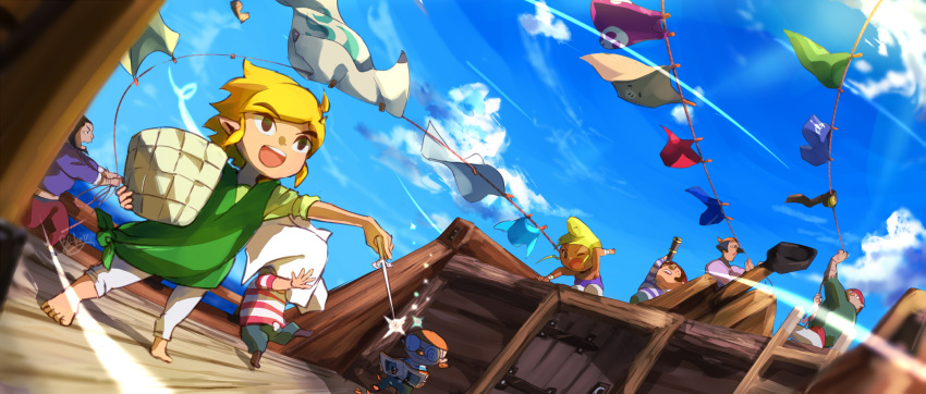 1girl barefoot blikeeeey blonde_hair blue_sky clothes_pin clouds highres laundry laundry_basket link open_mouth pointy_ears sky smile tetra the_legend_of_zelda the_legend_of_zelda:_the_wind_waker toon_link wind
