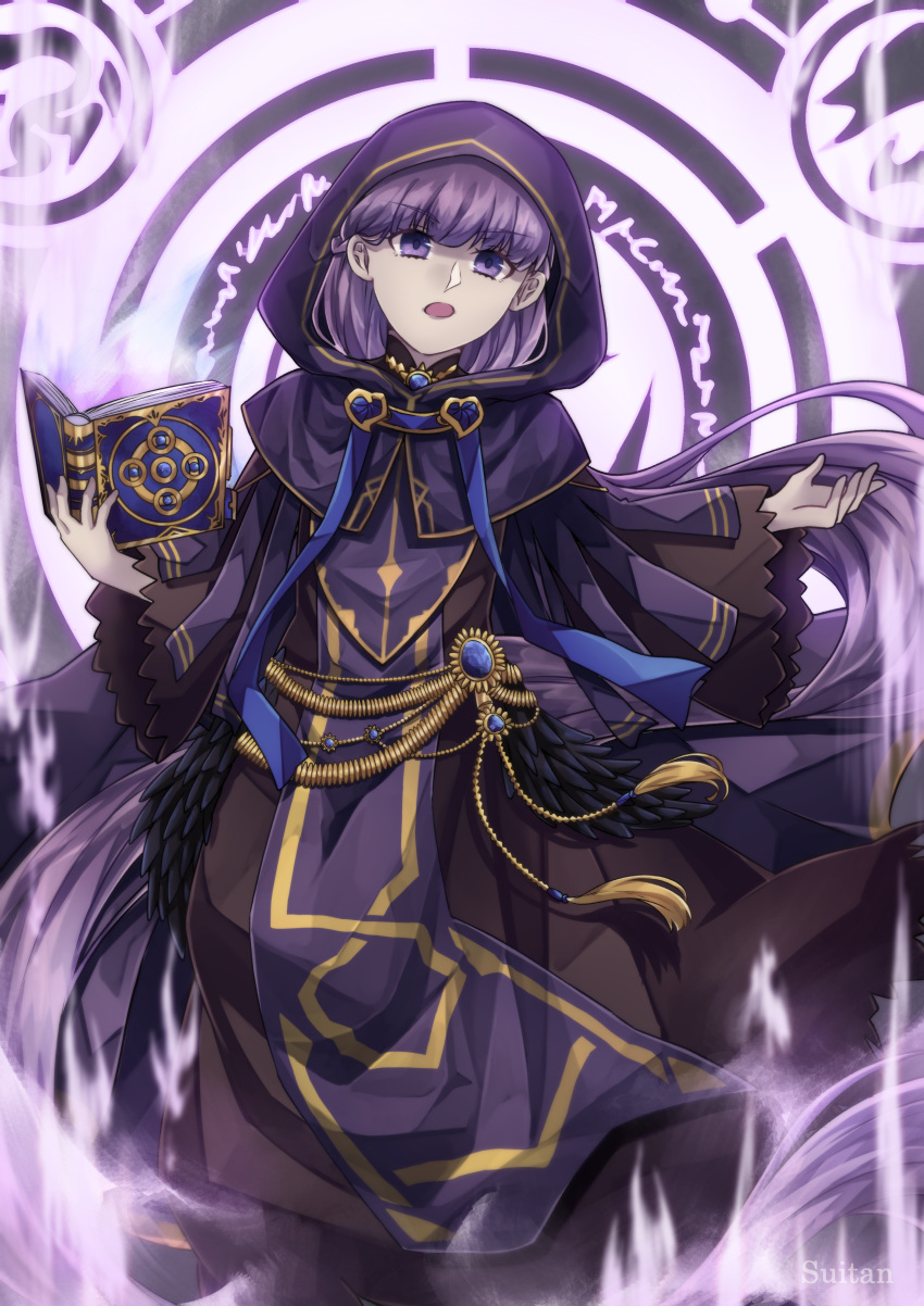 1girl absurdres book braid cape cloak commission commissioner_upload feathers fire_emblem fire_emblem:_the_binding_blade french_braid heart highres jewelry long_hair long_sleeves magic magic_circle open_mouth purple_hair robe serious solo sophia_(fire_emblem) suitan tassel violet_eyes