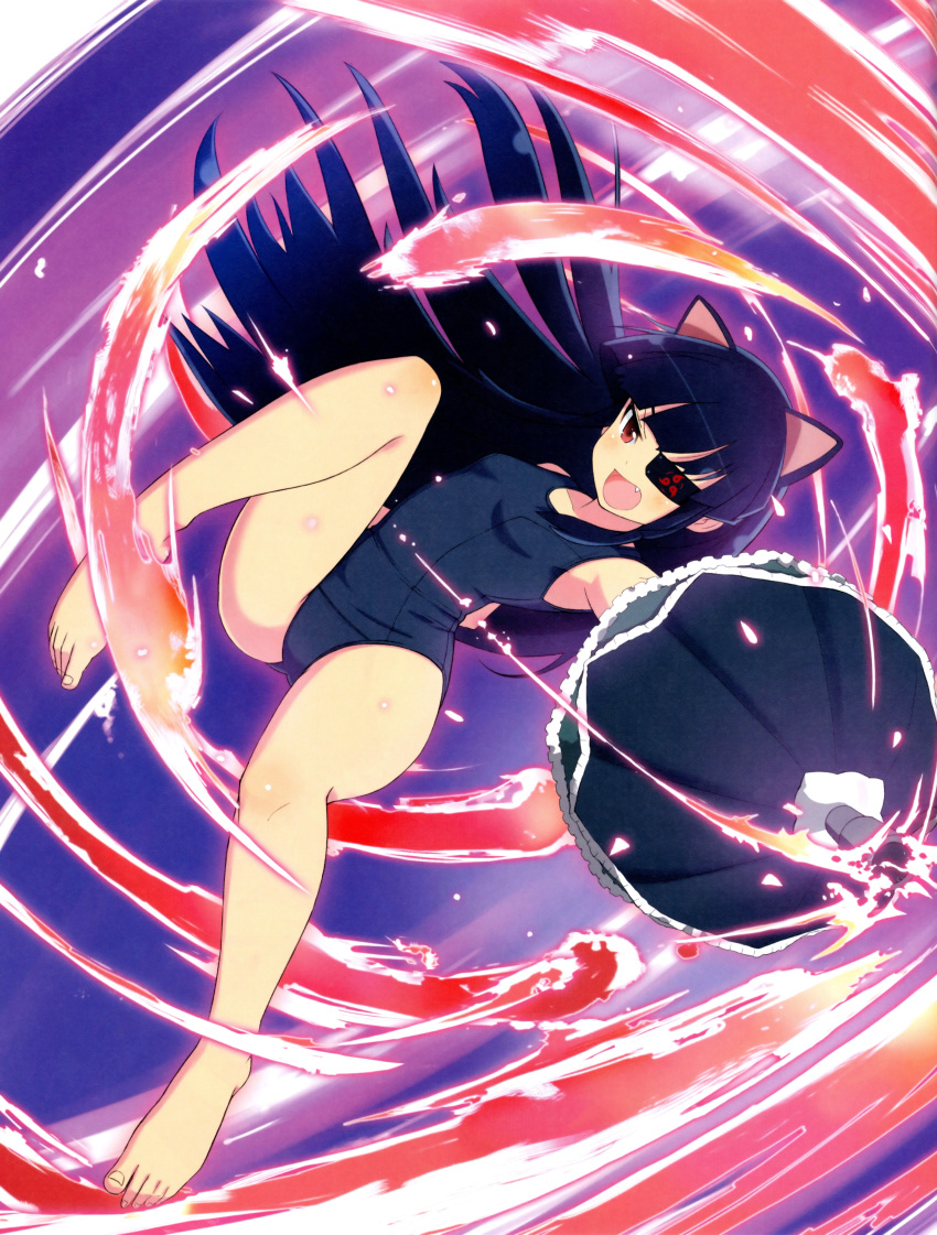 1girl absurdres animal_ears bangs bare_shoulders barefoot black_hair black_umbrella blunt_bangs blush breasts cat_ears eyepatch fang highres leg_up long_hair looking_at_viewer mirai_(senran_kagura) non-web_source official_art one-piece_swimsuit open_mouth red_eyes scan school_swimsuit senran_kagura senran_kagura_new_wave small_breasts solo swimsuit toenails tomoe_(symbol) umbrella yaegashi_nan