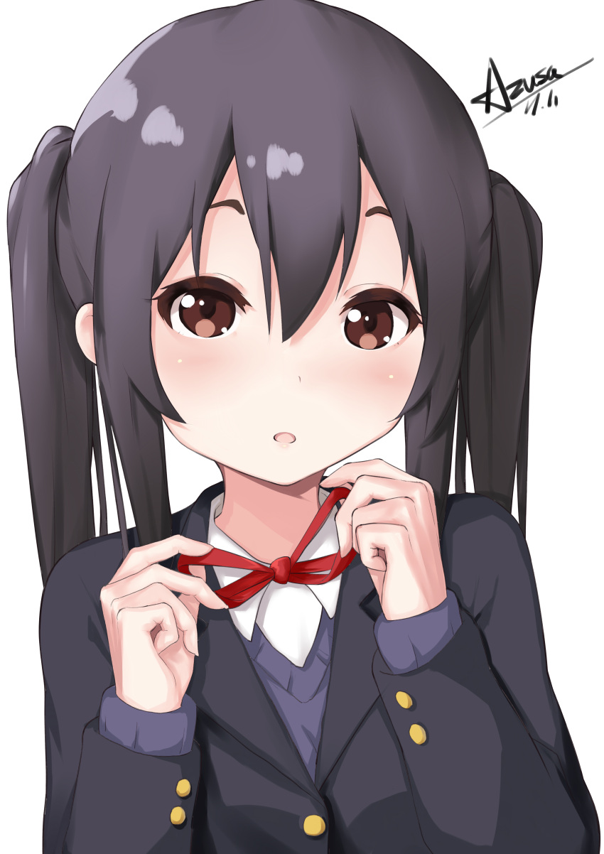 1girl absurdres adjusting_neckwear bangs black_hair black_jacket blazer blush brown_eyes character_name collared_shirt commentary hair_between_eyes hands_up highres jacket k-on! long_hair long_sleeves looking_at_viewer nakano_azusa neck_ribbon open_mouth pear_sauce red_ribbon ribbon school_uniform shirt signature simple_background solo twintails upper_body white_background white_shirt