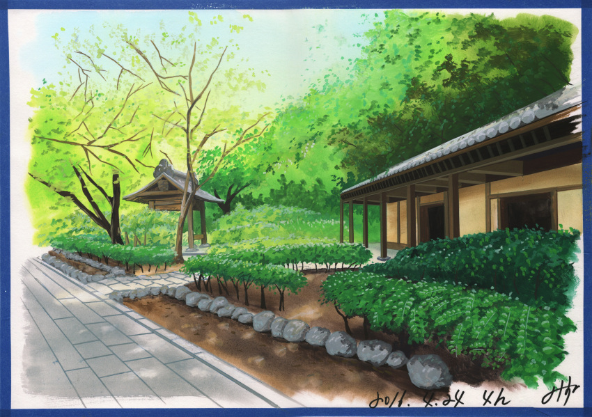 architecture bare_tree blue_border border bush dated day east_asian_architecture forest highres nature no_humans original outdoors path sawitou_mizuki shrine signature stone traditional_media tree