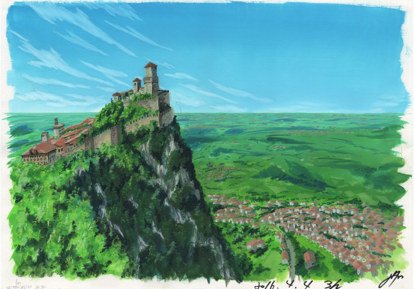 absurdres blue_sky castle dated day forest highres italy landscape mountain nature original outdoors sawitou_mizuki scenery signature sky town traditional_media valley