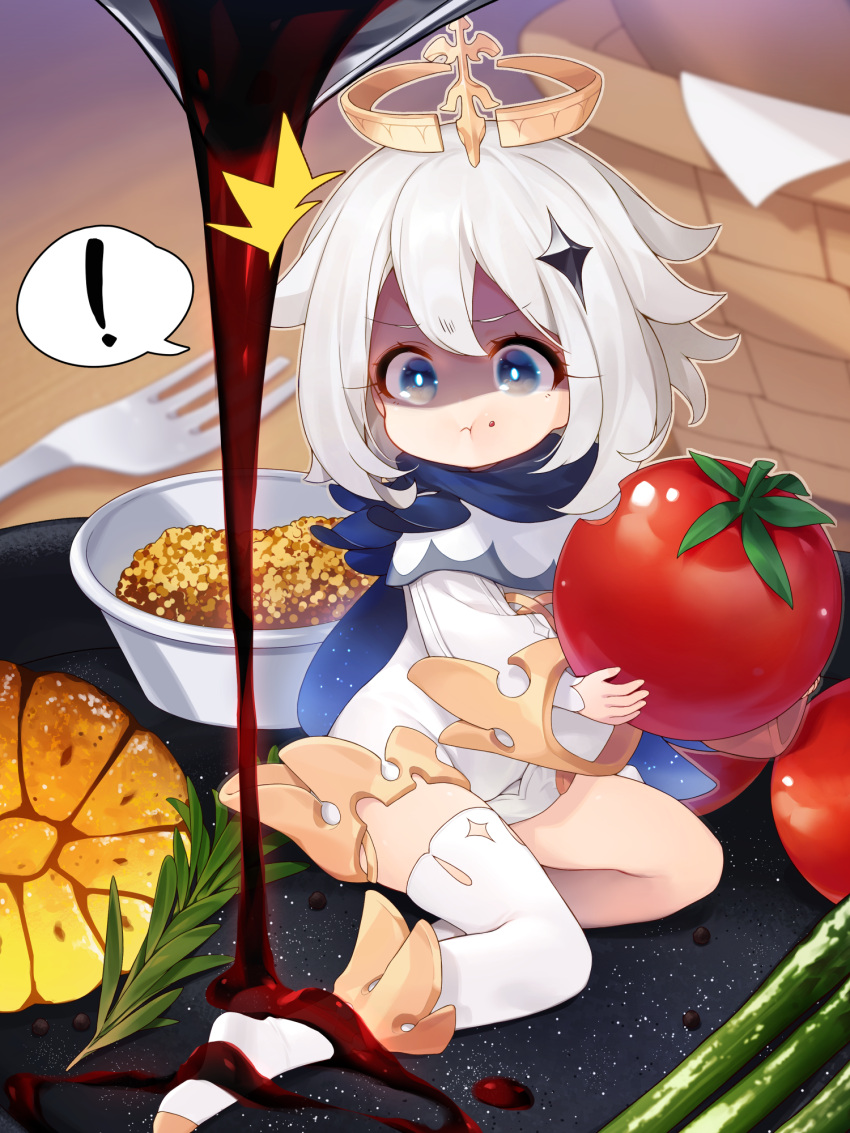 ! /\/\/\ 1girl basket blue_eyes blue_scarf blush bright_pupils closed_mouth dress eating food food_on_face fork full_body genshin_impact halo highres holding holding_food long_sleeves minigirl paimon_(genshin_impact) sauce scarf shaded_face short_hair silver_hair single_thighhigh sitting solo speech_bubble spoken_exclamation_mark takotsu thigh-highs tomato v-shaped_eyebrows vegetable white_dress white_legwear yokozuwari