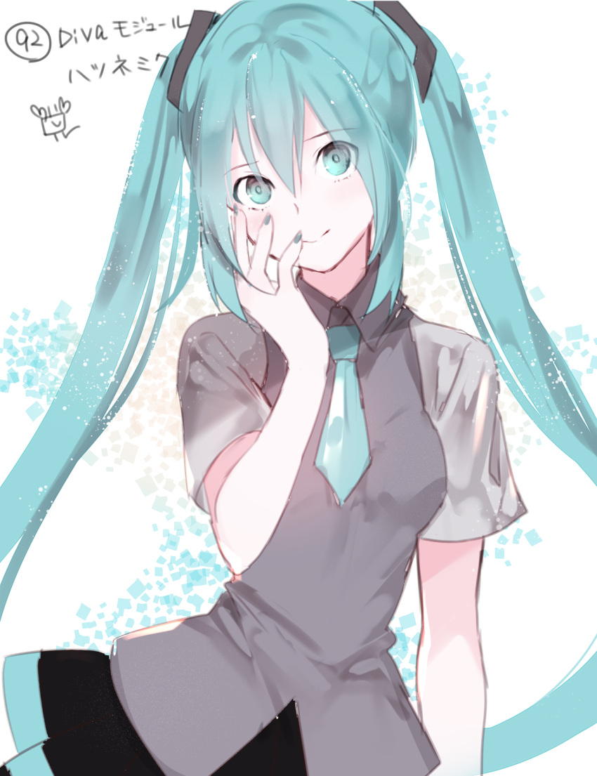 1girl bangs black_skirt blue_eyes blue_hair blue_nails blue_neckwear breasts closed_mouth collared_shirt eyebrows_visible_through_hair grey_shirt hair_between_eyes hand_on_own_face hand_up hatsune_miku head_tilt highres long_hair nail_polish necktie pleated_skirt shirt short_necktie short_sleeves skirt small_breasts smile solo twintails very_long_hair vocaloid white_background yuuki_kira