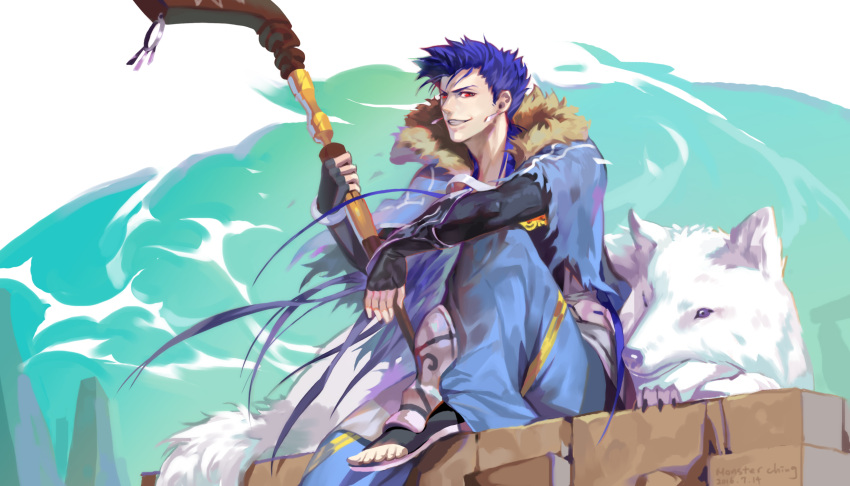 1boy 1other animal blue_hair bracelet capelet cu_chulainn_(fate)_(all) cu_chulainn_(fate/grand_order) dog earrings fate/grand_order fate_(series) fur fur-trimmed_hood fur_trim greaves grin harem_pants highres holding holding_weapon hood hood_down hooded_capelet jewelry long_hair male_focus monster_haru pants red_eyes smile spiky_hair staff toeless_legwear type-moon vambraces weapon white_wolf wolf wooden_staff