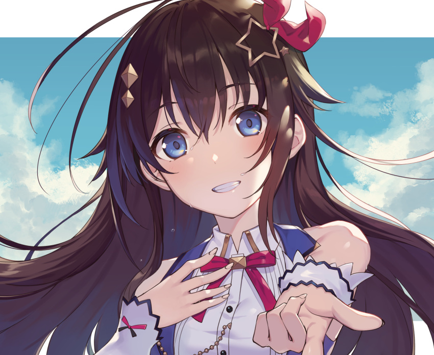 1girl akanebi bare_shoulders blue_eyes blue_sky bow bowtie brown_hair clouds cloudy_sky commentary_request grin hair_ornament hand_on_own_chest highres hololive light_blush long_hair looking_at_viewer reaching_out sky smile solo star_(symbol) star_hair_ornament tokino_sora upper_body virtual_youtuber wrist_cuffs
