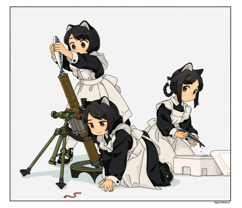 akai_sashimi all_fours animal animal_ears apron arms_up black_eyes black_footwear black_hair braid bug cat_ears closed_mouth earthworm eyebrows fish hair_ornament highres holding holding_animal holding_fish kneeling long_hair long_sleeves maid maid_apron mortar_(weapon) original shoes short_hair sleeves standing weapon white_legwear