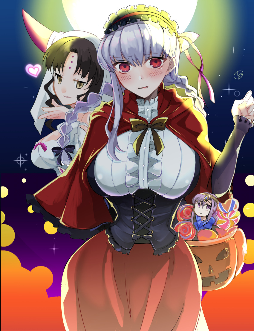 3girls bangs black_hair blush braid breasts candy cape corset dress facial_mark fate/extra fate/extra_ccc fate/grand_order fate_(series) food forehead_mark forehead_tattoo frilled_hairband frills full_moon hair_ribbon hairband halloween_bucket halloween_costume heart highres hood hooded_cape horns kama_(fate/grand_order) kankitsu_kei large_breasts lollipop long_hair long_sleeves looking_at_viewer matou_sakura moon multiple_girls night night_sky parted_bangs parvati_(fate/grand_order) pink_eyes pink_ribbon red_cape red_skirt ribbon sesshouin_kiara silver_hair skirt sky smile sparkle twin_braids veil wavy_hair white_dress yellow_eyes