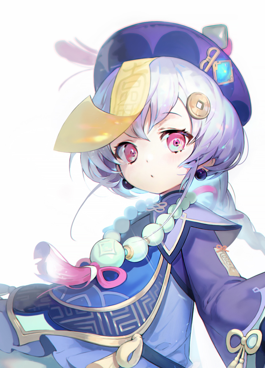 1girl bead_necklace beads blush chinese_clothes coin cropped earrings eyebrows_visible_through_hair genshin_impact hat highres jewelry light_purple_hair long_hair necklace parted_lips pink_eyes purple_headwear simple_background solo soyoong_jun talisman white_background