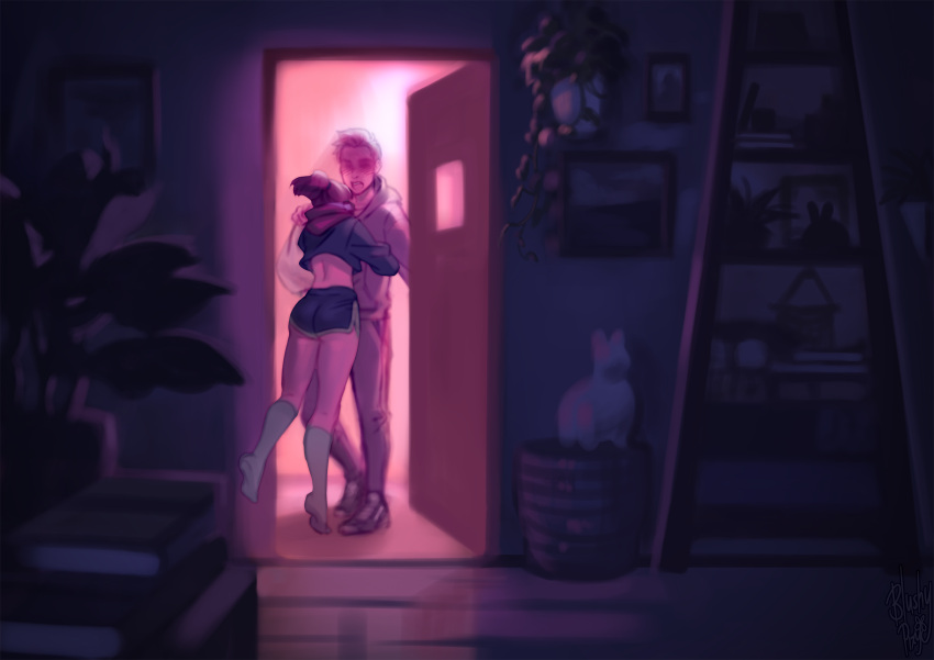 1boy 1girl arms_behind_back ass back bag blush blushy-pixy brown_hair chilledcow_stream_girl couple doorway faceless faceless_male full_body headphones headphones_around_neck height_difference hetero highres hood hood_down hoodie hug lofi_hip_hop_radio_-_beats_to_relax/study_to night open_door open_mouth shoes shopping_bag short_shorts shorts sneakers socks standing surprised tiptoes track_suit upper_teeth wireless
