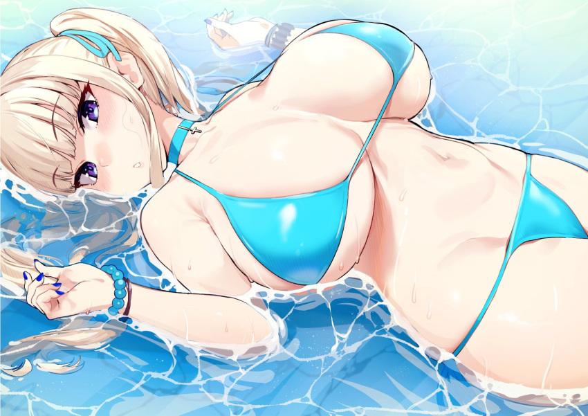 1girl :o bangs bare_shoulders bead_bracelet beads bikini blonde_hair blue_bikini blue_nails blunt_bangs blush borrowed_character bracelet breasts breasts_day choker collarbone commentary_request duplicate eyebrows_visible_through_hair hair_ribbon highres huge_breasts iku_(ikuchan_kaoru) jewelry light_blonde_haired_girl_(michihasu) long_hair looking_at_viewer lying nail_polish navel on_back original partially_submerged ribbon sidelocks skindentation solo string_bikini swimsuit thighs twintails violet_eyes water wet