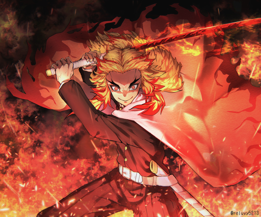1boy black_jacket blonde_hair closed_mouth commentary_request cowboy_shot fighting_stance fire flaming_sword flaming_weapon hakama_pants haori highres holding holding_sword holding_weapon jacket japanese_clothes katana kimetsu_no_yaiba long_hair long_sleeves looking_at_viewer male_focus multicolored_hair pants red_eyes redhead reluvy rengoku_kyoujurou scabbard sheath smile solo standing sword twitter_username two-tone_hair uniform v-shaped_eyebrows weapon