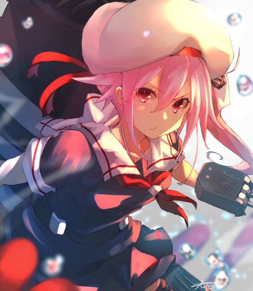 1girl adapted_turret beret black_serafuku blurry cannon cowboy_shot depth_of_field droplet flower gradient_hair hair_flower hair_ornament harusame_(kantai_collection) hat highres kantai_collection long_hair looking_at_viewer machinery multicolored_hair pink_hair red_eyes school_uniform serafuku side_ponytail solo sunday_aki turret water_drop white_headwear
