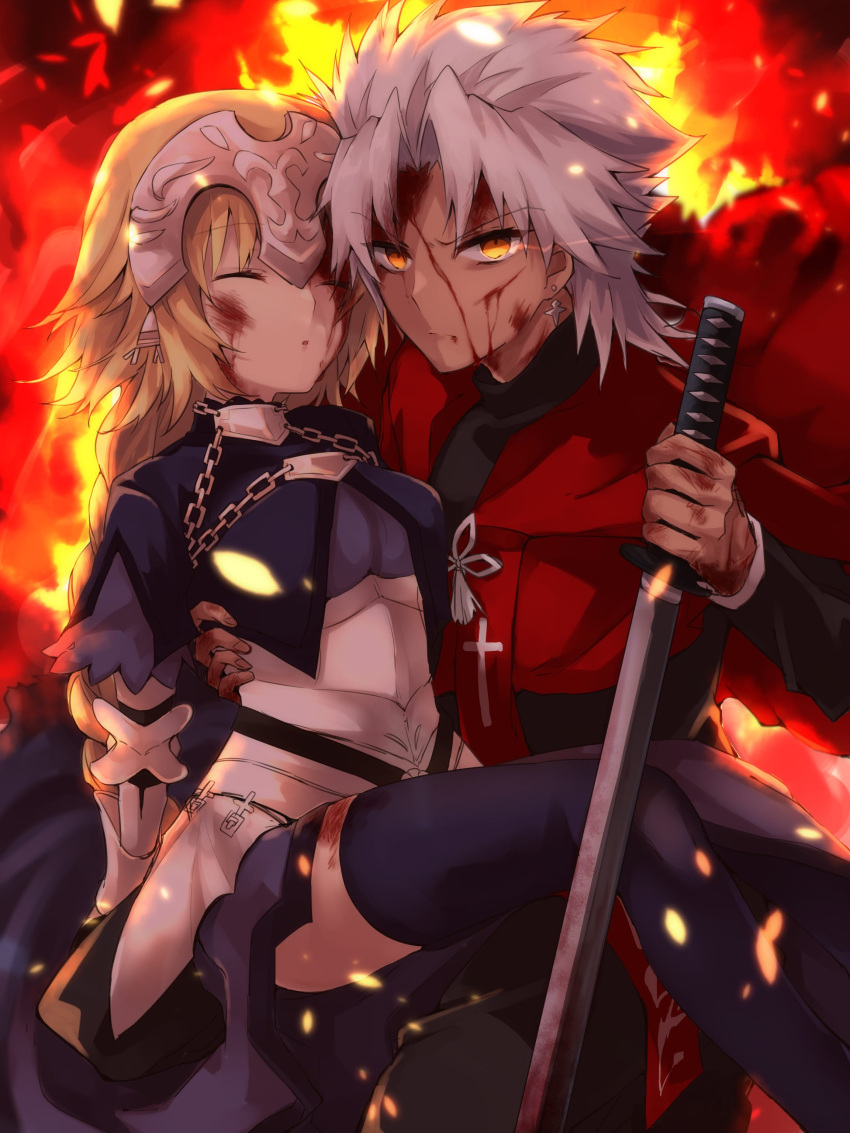1boy 1girl 40_(0f0urw) absurdres amakusa_shirou_(fate) armor armored_dress bangs black_jacket black_pants blonde_hair blood blood_from_mouth blood_on_face blue_dress blue_legwear braid braided_ponytail breasts bruise bruise_on_face chain closed dress earrings eyebrows_visible_through_hair fate/apocrypha fate_(series) faulds glowing glowing_eye hair_intakes headpiece highres holding holding_sword holding_weapon injury jacket jeanne_d'arc_(fate) jeanne_d'arc_(fate)_(all) jewelry katana long_hair long_sleeves medium_breasts medium_hair pants ponytail short_dress silver_hair sword thigh-highs very_long_hair weapon yellow_eyes