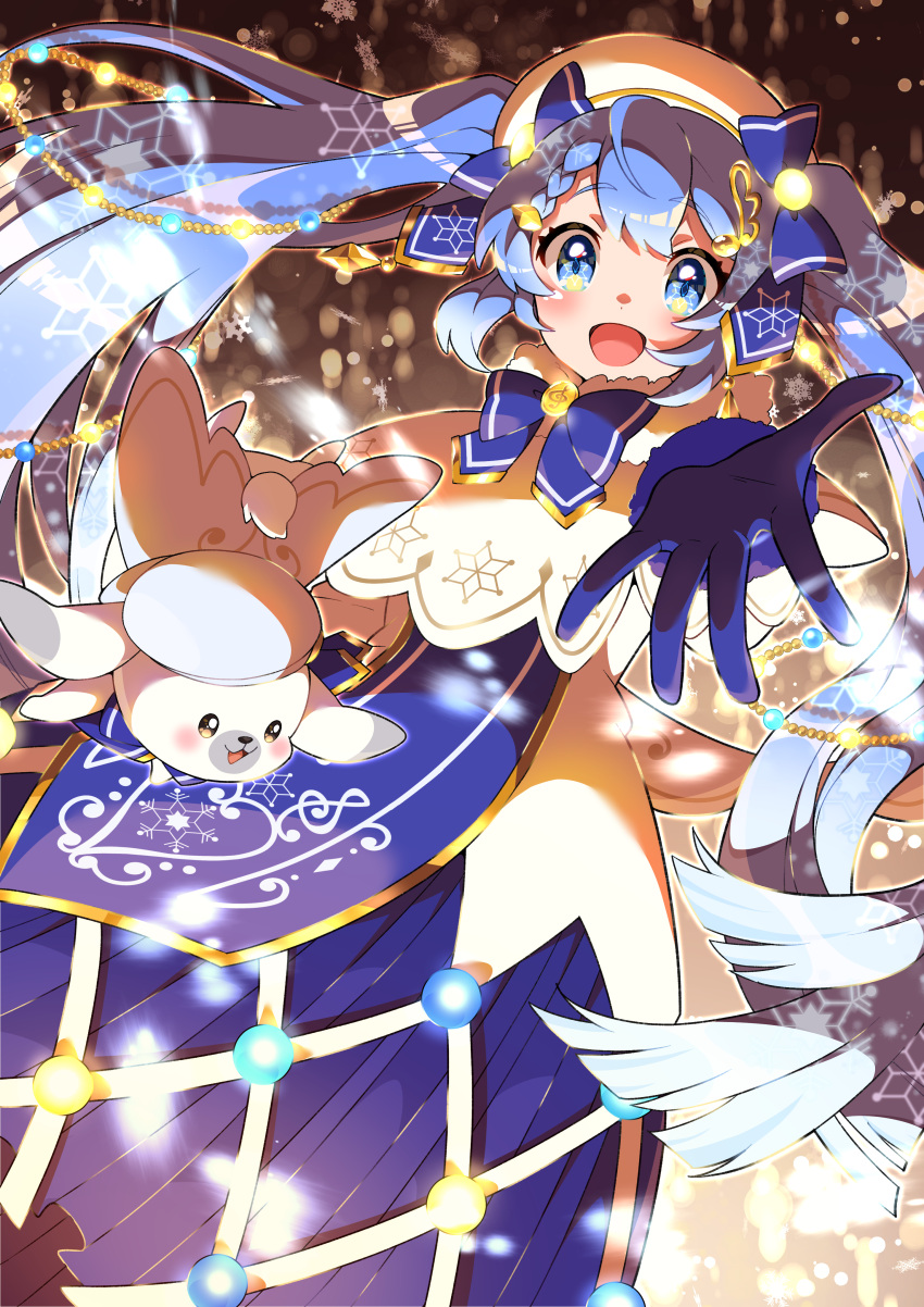 1girl :d absurdres bangs bass_clef beret blue_eyes blue_gloves blue_hair blue_ribbon blunt_ends blush braid braided_bangs capelet commentary dot_nose dress eyebrows_visible_through_hair floating_hair foreshortening fur-trimmed_capelet fur-trimmed_sleeves fur_collar fur_trim gloves hair_ornament hair_ribbon hat hatsune_miku highres long_hair long_sleeves looking_at_viewer making-of_available open_mouth outstretched_arm patterned_hair pon_yui rabbit_yukine reaching_out ribbon shiny shiny_hair single_braid smile snowflake_print snowflakes solo_focus symbol_in_eye tongue treble_clef twintails very_long_hair vocaloid white_capelet white_headwear yuki_miku yuki_miku_(2021)