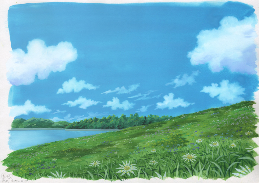 blue_sky border clouds daisy day field flower grass highres hill lake nature no_humans original outdoors sawitou_mizuki scenery sky traditional_media white_border white_flower