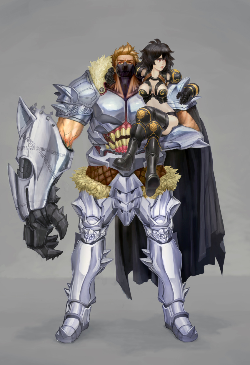 1boy 1girl absurdres armor black_cape black_hair blonde_hair breastplate cape claws couple crossed_legs fur_trim gauntlets greaves grey_background hair_between_eyes highres holding holding_another knight living_armor longan_huynh muscle original parted_lips pauldrons pink_lips purple_skin red_eyes red_sclera runes sharp_teeth short_hair shoulder_armor sitting size_difference spikes standing teeth vambraces veins warrior white_armor yellow_eyes