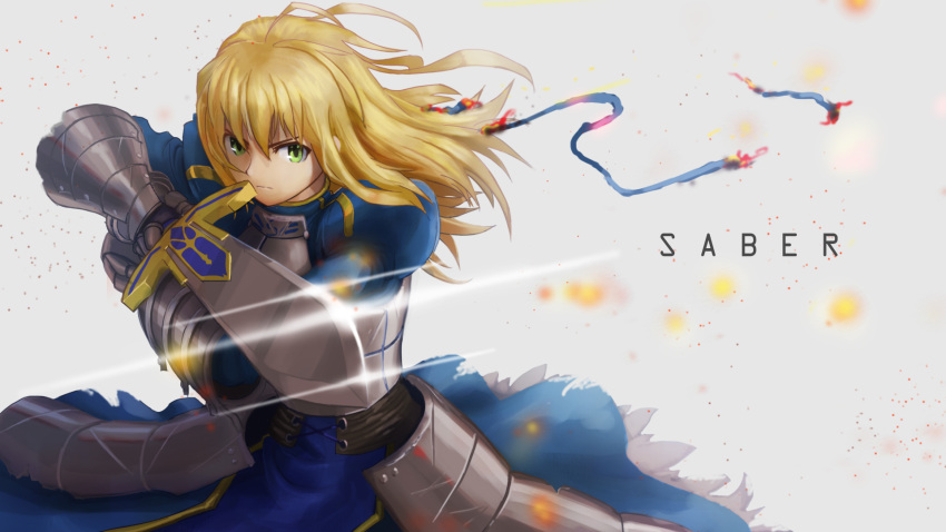 1girl ahoge armor armored_dress artoria_pendragon_(all) bangs blonde_hair blue_ribbon burning_clothes character_name closed_mouth commentary_request fate_(series) floating_hair gauntlets glint green_eyes hair_between_eyes highres holding holding_sword holding_weapon long_hair looking_to_the_side ribbon saber solo supearibu sword weapon