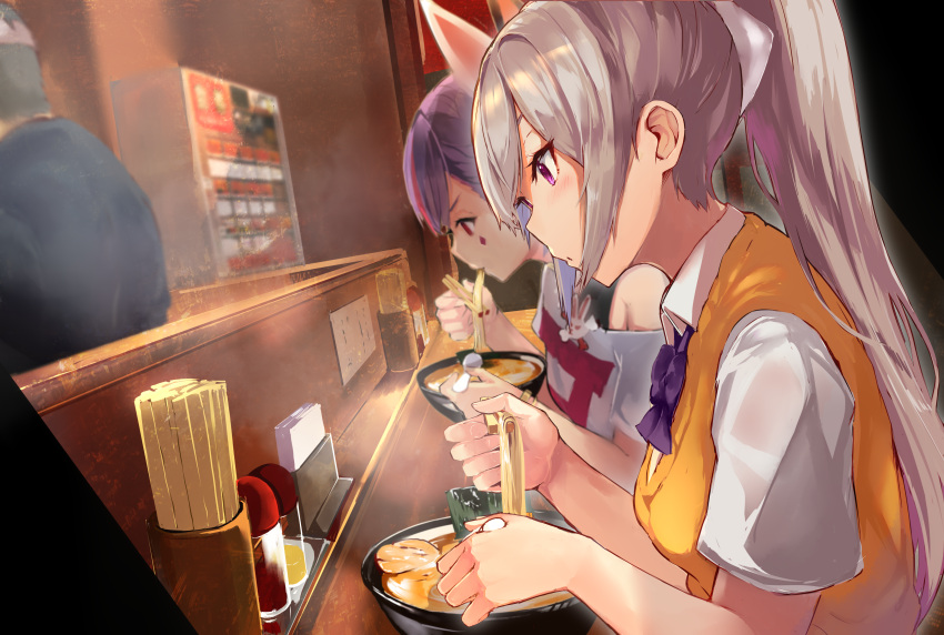 1boy 2girls absurdres chopsticks eating extra food highres higuchi_kaede long_hair multiple_girls nijisanji noodles ponytail purple_hair ramen restaurant silver_hair tanaka_(user_hfds7453) tenjin_kotone tenjin_kotone_(channel) violet_eyes virtual_youtuber