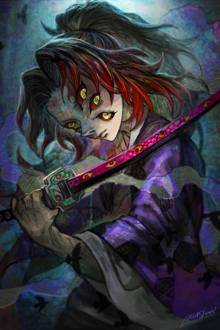 1boy closed_mouth extra_eyes high_ponytail highres holding holding_sword holding_weapon japanese_clothes kimetsu_no_yaiba kimono kokushibou long_hair long_sleeves male_focus matcho purple_kimono red_sclera redhead signature solo sword very_long_hair weapon yellow_eyes