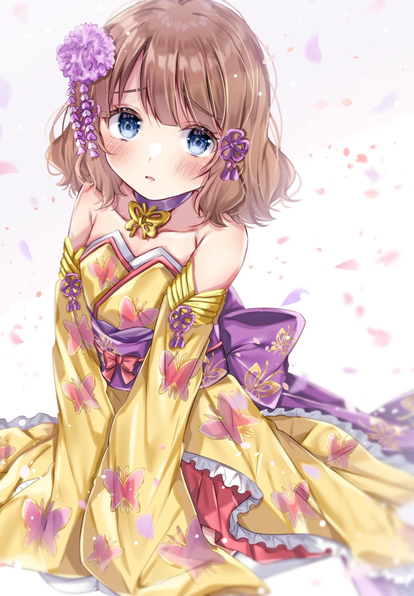 1girl bare_shoulders blue_eyes brown_hair choker commentary_request detached_sleeves flower frilled_kimono frills hair_flower hair_ornament highres idolmaster idolmaster_million_live! japanese_clothes kimono lolita_fashion looking_at_viewer medium_hair obi petals sash sitting sleeves_past_fingers sleeves_past_wrists solo sorashima_(117) suou_momoko wa_lolita white_background wide_sleeves