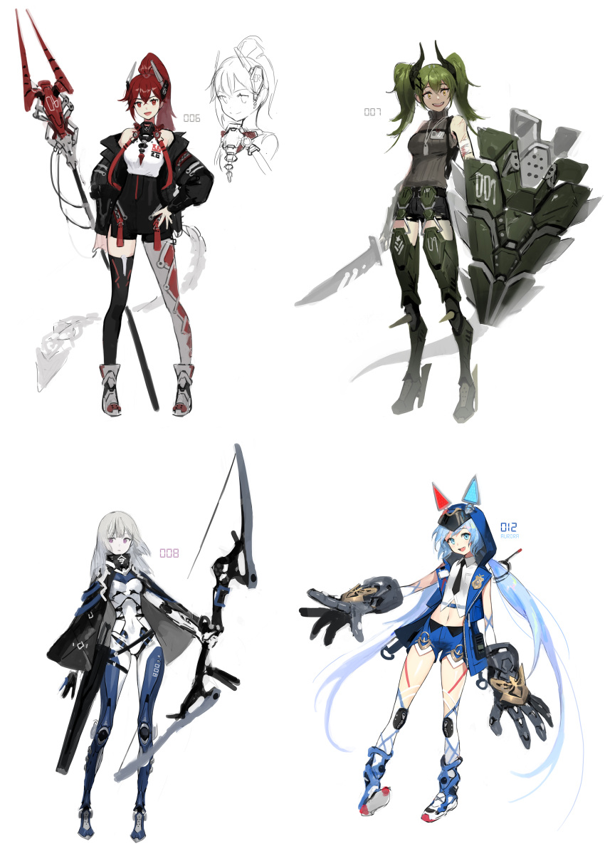 4girls absurdres animal_ears arrow_(projectile) bandaged_arm bandages bare_shoulders black_capelet black_jacket black_legwear black_neckwear blue_eyes blue_hair blush bow_(weapon) capelet closed_mouth cyberpunk dog_tags eyebrows_visible_through_hair fake_animal_ears gauntlets gloves green_hair grey_hair hair_between_eyes hand_on_hip high_heels highres holding holding_bow_(weapon) holding_polearm holding_shield holding_spear holding_sword holding_weapon hood hood_up horns id_card injury jacket long_hair mechanical_arm mechanical_tail medium_hair mismatched_legwear multiple_girls navel necktie number off_shoulder open_mouth original oversized_zipper parted_lips polearm quiver red_eyes redhead scratches see-through sharp_teeth shield simple_background sketch smile soyoong_jun spear standing sword tail teeth thigh-highs turtleneck twintails upper_teeth very_long_hair violet_eyes weapon white_background white_skin yellow_eyes zipper zipper_pull_tab
