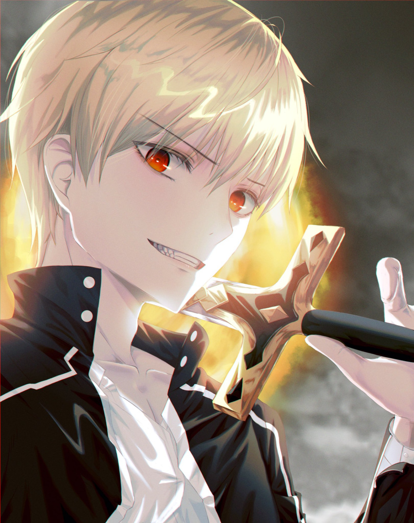 021_(_021kav) 1boy blonde_hair close-up eyebrows_visible_through_hair fate/grand_order fate_(series) flaming_sword flaming_weapon gilgamesh highres holding holding_sword holding_weapon looking_at_viewer over_shoulder red_eyes solo sword weapon