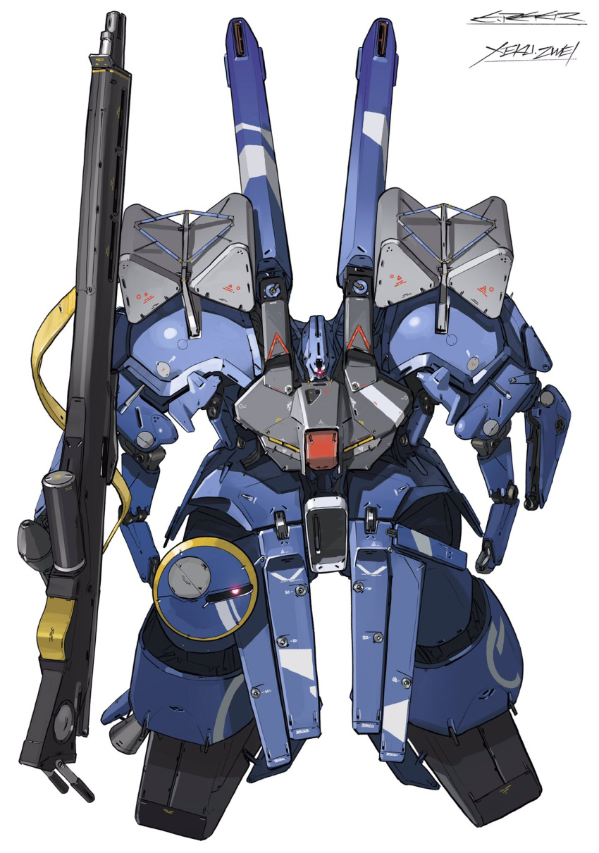 artist_name character_name clenched_hands gun gundam gundam_sentinel highres looking_up mecha no_humans one-eyed peter_(peter6409) solo standing vernier_thrusters weapon white_background xeku_zwei
