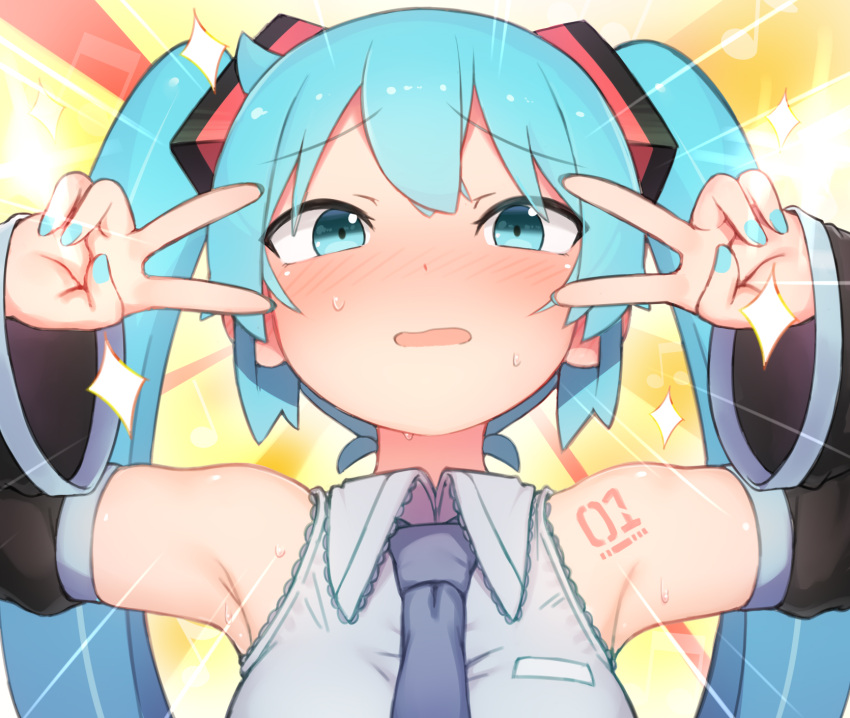 1girl abmayo aqua_eyes aqua_hair aqua_nails armpits bare_shoulders black_sleeves blue_neckwear blush commentary_request detached_sleeves double_v emotional_engine_-_full_drive fate/grand_order fate_(series) grey_shirt hair_ornament hands_up hatsune_miku highres long_hair looking_at_viewer nail_polish necktie open_mouth shirt shoulder_tattoo sleeveless sleeveless_shirt smile solo sparkle sparkle_background sunburst sunburst_background sweat tattoo twintails upper_body v v-shaped_eyebrows vocaloid