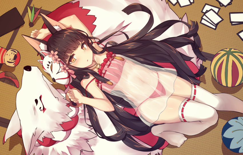 1girl 1other animal animal_ear_fluff animal_ears arm_up armpits azur_lane ball brown_eyes brown_hair camisole comb commentary_request crop_top fox fox_ears highres indoors knee_up knees_together_feet_apart legs lingerie lolikaku long_hair looking_at_viewer lying mask mask_on_head nagato_(azur_lane) nagato_(great_fox's_sleepwear)_(azur_lane) navel negligee on_back oversized_animal panties red_camisole red_panties strap_slip tatami thigh-highs thighs underwear underwear_only very_long_hair white_legwear