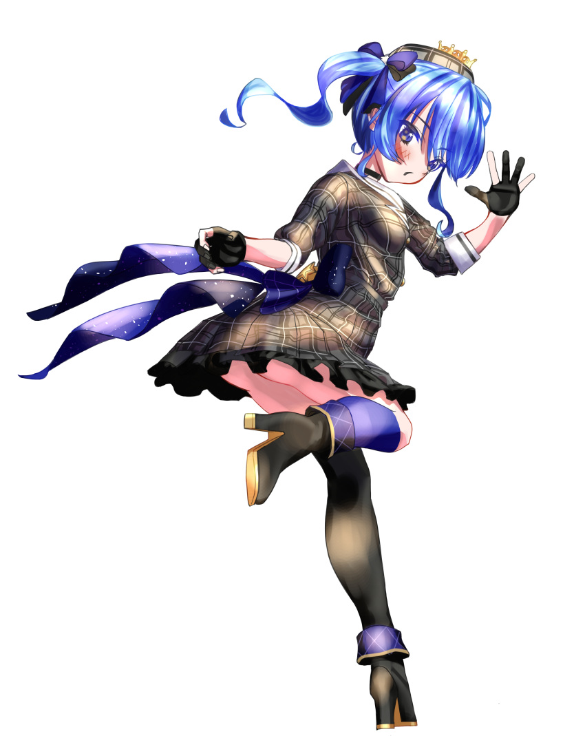 1girl absurdres ankle_boots ass beret black_choker black_footwear blue_eyes blue_legwear blush boots choker dress frilled_dress frills full_body gloves hand_up hat high_heel_boots high_heels highres hololive hoshimachi_suisei kneehighs leg_up legs long_hair looking_at_viewer looking_back parted_lips partially_fingerless_gloves plaid plaid_dress ringlets side_ponytail simple_background solo star_(symbol) star_in_eye starry_sky_print symbol_in_eye thighs virtual_youtuber waving wavy_hair white_background yama_narashi