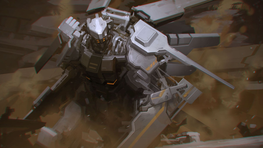 1other chromatic_aberration commentary debris dust dust_cloud looking_at_viewer mecha mechanical_arms mechanical_legs mechanical_parts mechanical_wings no_humans original reza_ilyasa rubble science_fiction solo wings