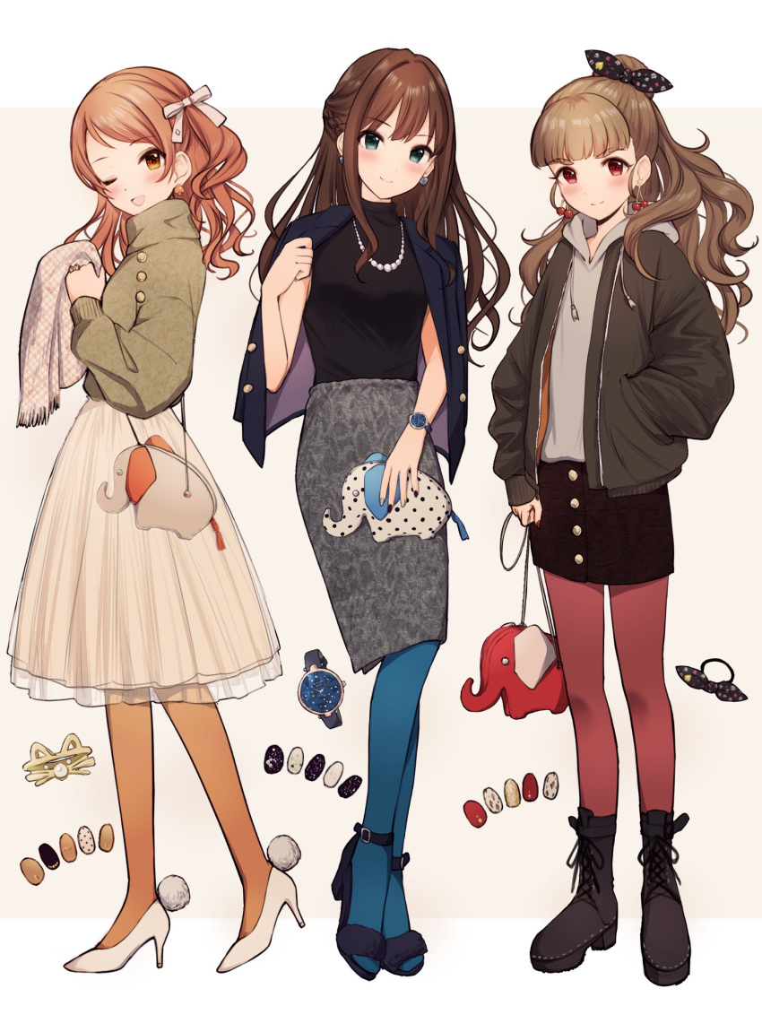 3girls :d animal_bag arm_at_side bag bangs bead_necklace beads black_footwear black_shirt blunt_bangs blush boots bow braid brown_eyes brown_hair brown_jacket brown_skirt cherry_earrings commentary_request earrings food_themed_earrings from_side full_body green_legwear grey_background grey_skirt grey_sweater hair_bow hair_ribbon hand_in_pocket hand_up hands_up high_heels highres holding holding_bag hood hood_down houjou_karen idolmaster idolmaster_cinderella_girls jacket jacket_on_shoulders jewelry kamiya_nao light_brown_hair long_hair long_sleeves looking_at_viewer multiple_girls necklace neru5 one_eye_closed open_clothes open_jacket open_mouth orange_legwear pantyhose ponytail red_eyes red_legwear ribbon shibuya_rin shirt shirt_tucked_in skirt smile sweater triad_primus watch watch white_skirt