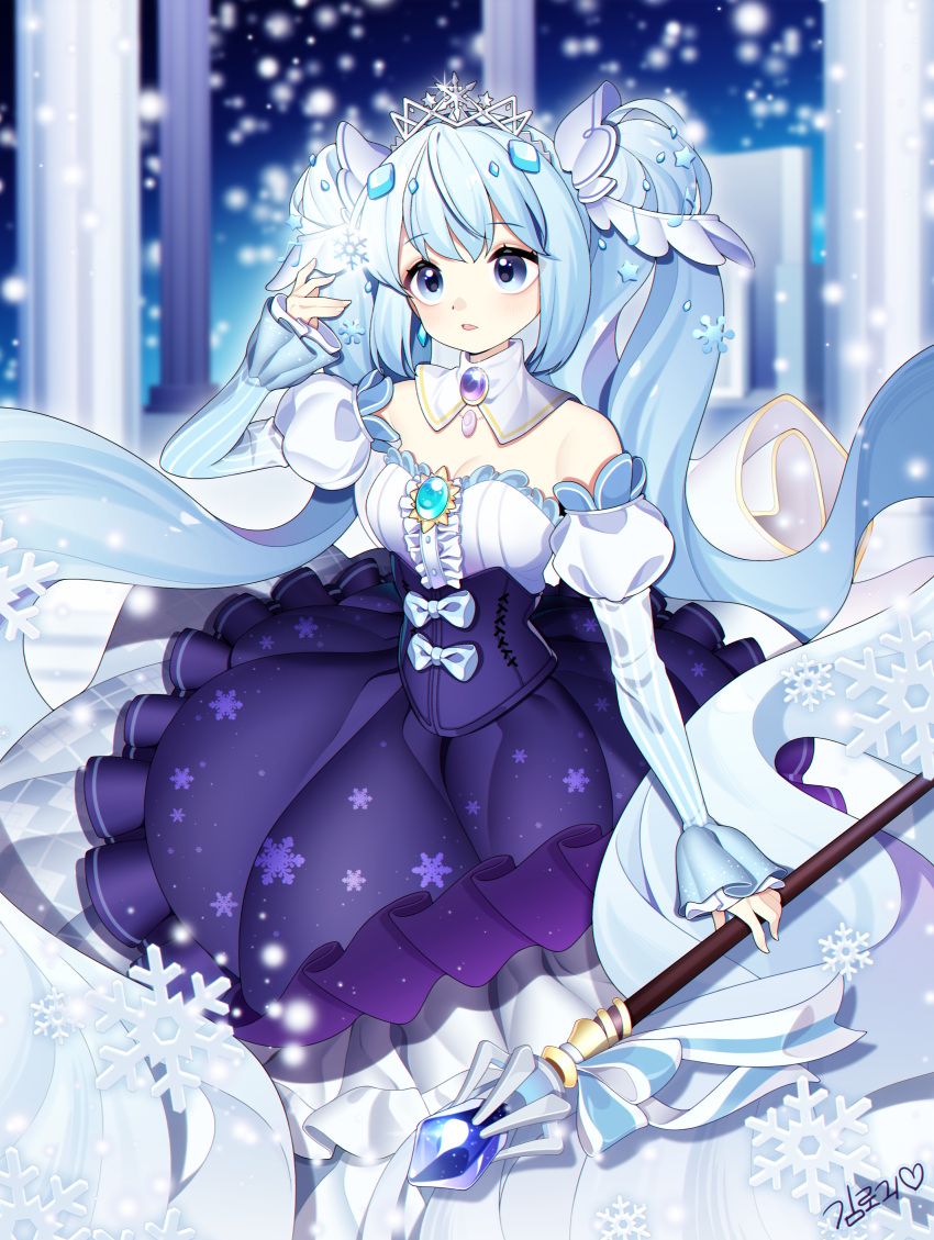 1girl absurdres bare_shoulders blue_eyes blue_hair blue_theme bow brooch column detached_collar detached_sleeves dress hair_ornament hatsune_miku highres holding holding_staff jewelry loggi long_hair long_sleeves pillar puffy_long_sleeves puffy_sleeves snow snowflake_hair_ornament snowflakes staff tiara twintails very_long_hair vocaloid white_bow winter yuki_miku yuki_miku_(2019)