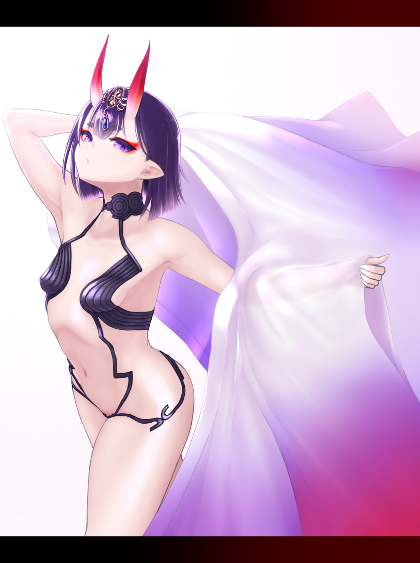 1girl bangs bare_shoulders bob_cut breasts collarbone eyeliner fate/grand_order fate_(series) haiiro_gundan headpiece highres horns japanese_clothes kimono long_sleeves looking_at_viewer makeup navel oni oni_horns open_clothes open_kimono open_mouth purple_hair purple_kimono revealing_clothes short_hair shuten_douji_(fate/grand_order) simple_background skin-covered_horns small_breasts thighs violet_eyes white_background wide_sleeves