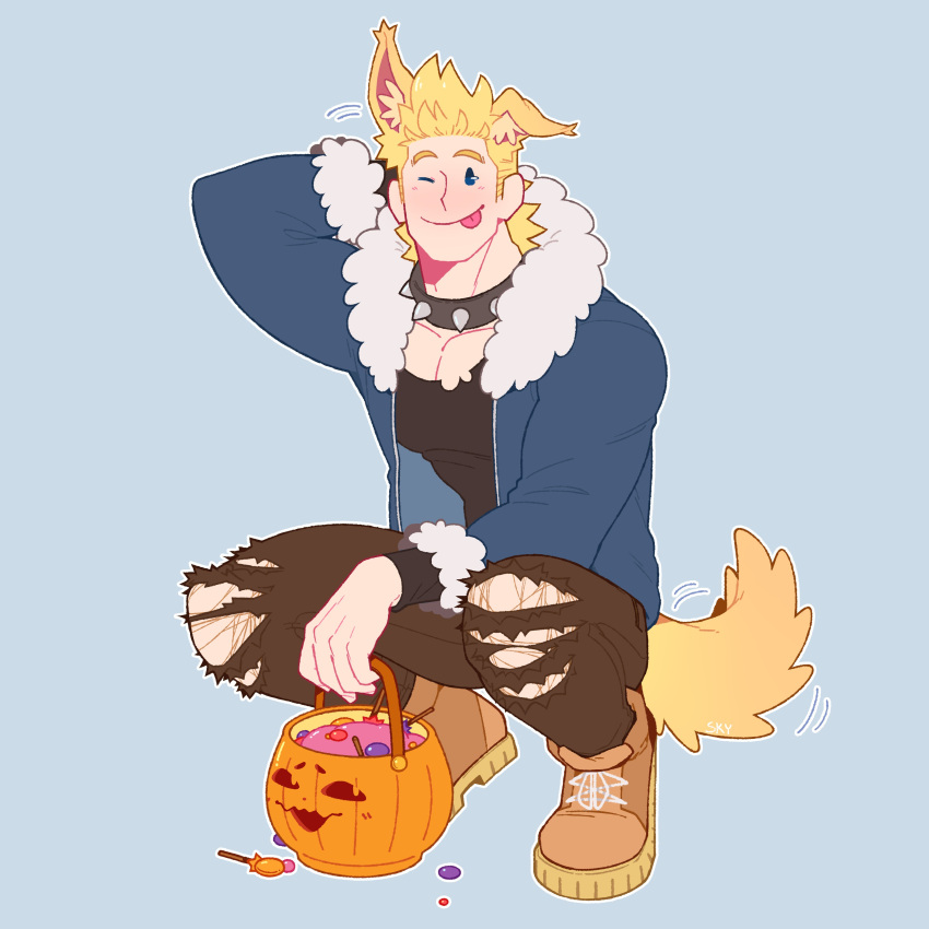 1boy :p ;p absurdres alternate_costume animal_ears bara blonde_hair blue_eyes boku_no_hero_academia chest collar feraltintinsimp full_body halloween halloween_costume highres jack-o'-lantern jacket male_focus muscle one_eye_closed open_clothes open_jacket pants shirt shoes short_hair solo spiked_collar spikes tail togata_mirio tongue tongue_out torn_clothes torn_pants torn_shirt werewolf wolf_boy wolf_ears wolf_tail